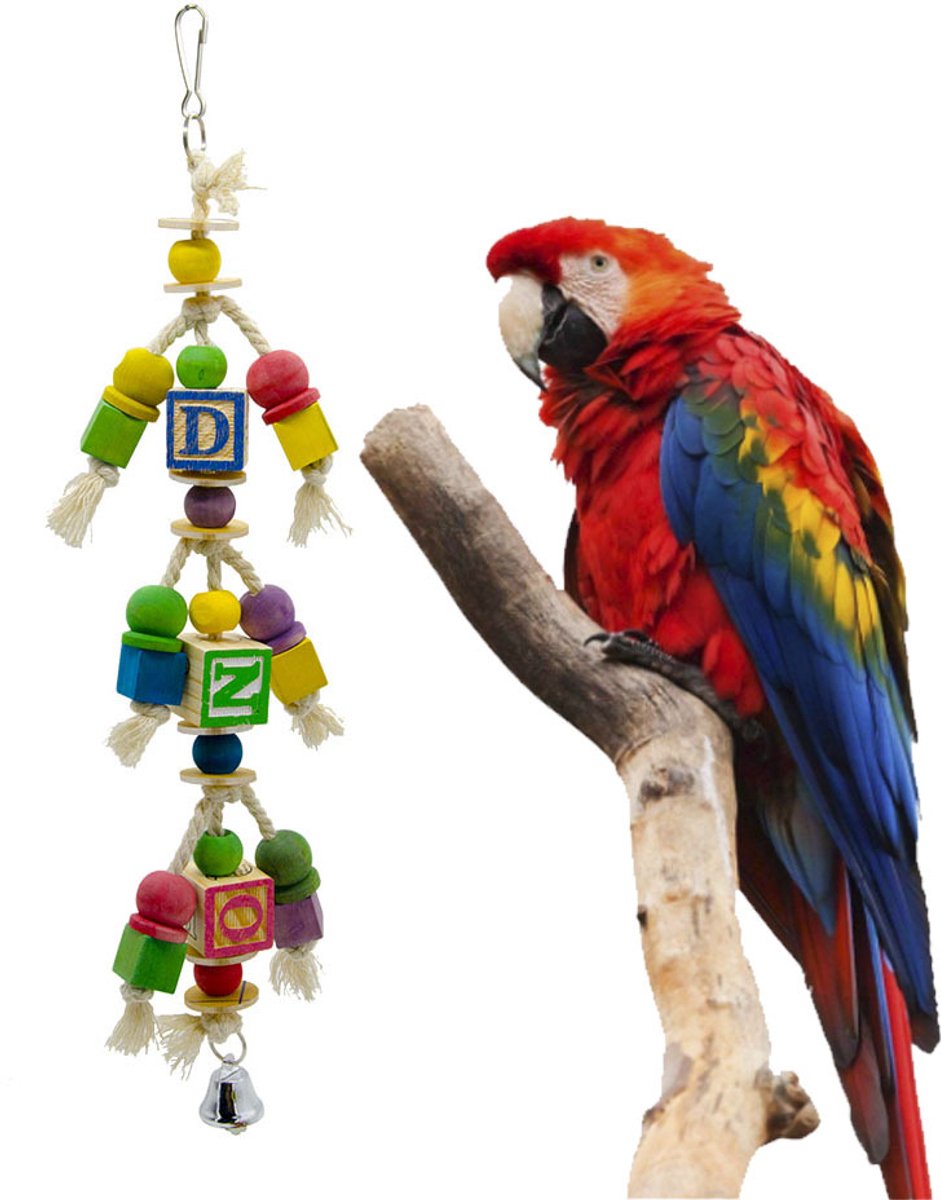 Kleurrijke houten vogelspeelgoed met letters- blokjes en bel- interactief accessoire voor papegaaien en huisdieren