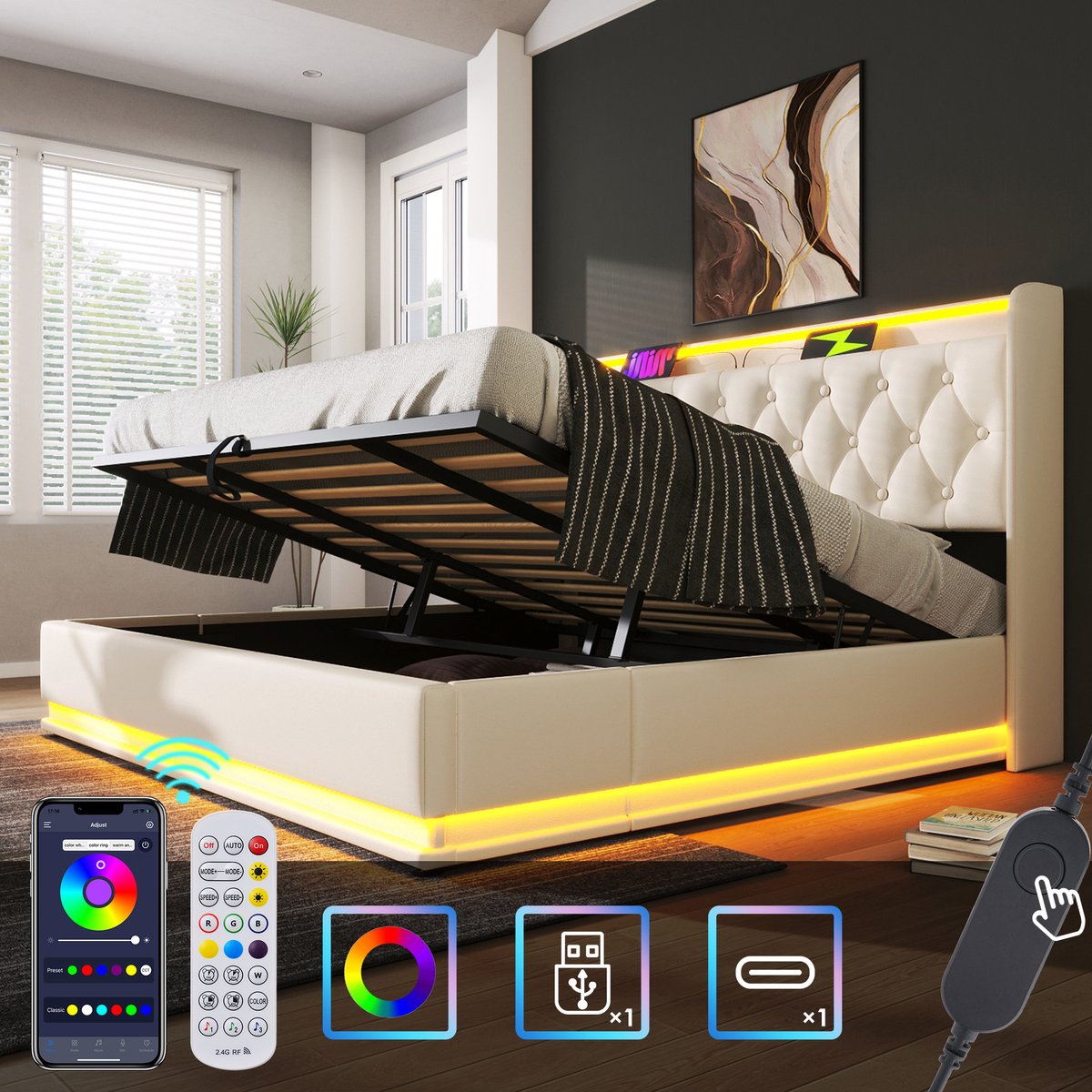 SINGULARITY-Gestoffeerd tweepersoonsbed- LDE 180 x 200 cm- wit PU-materiaal Hydraulisch opbergbed- hoofdeinde met USB Type-C Zonder matras