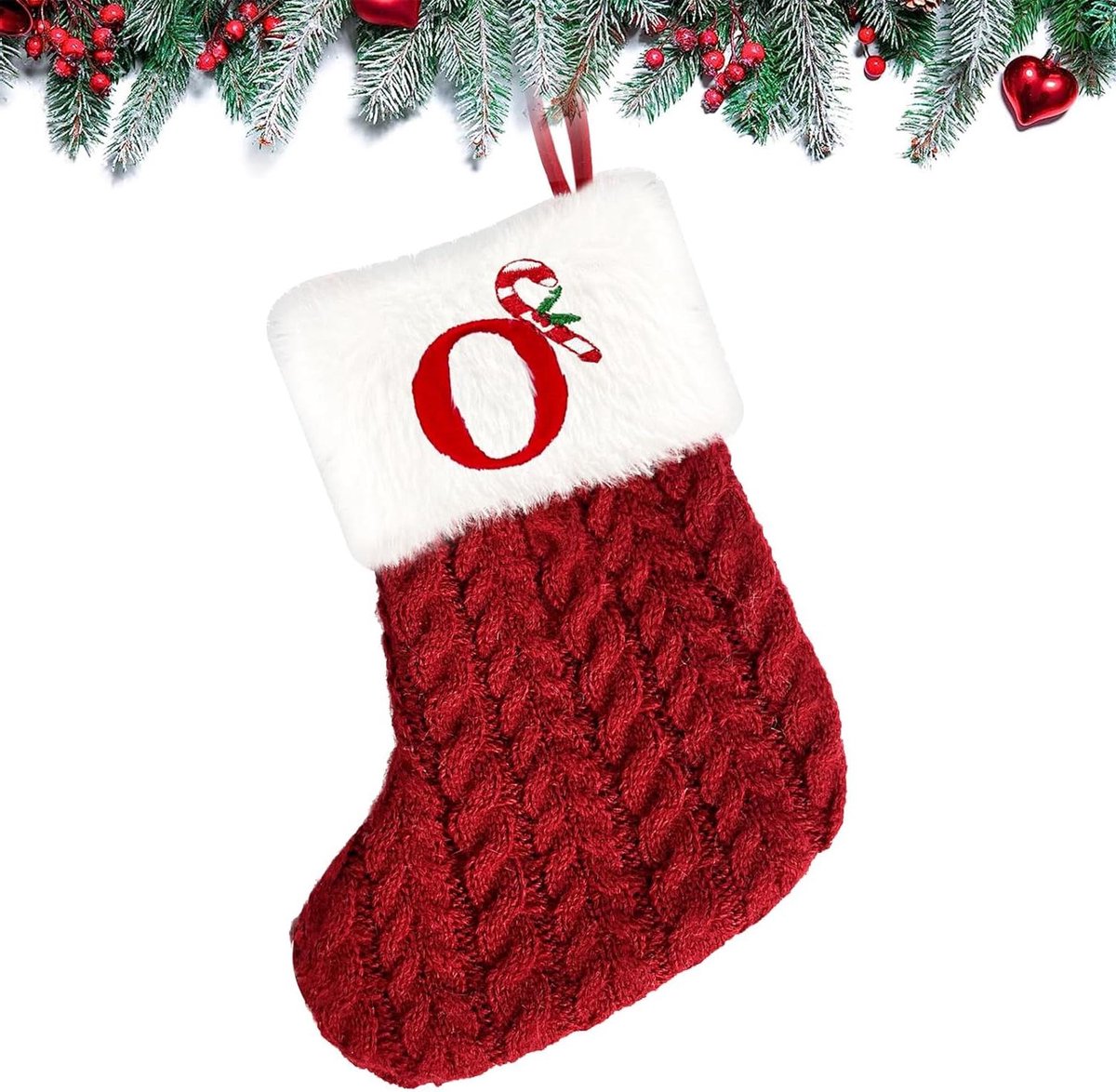 Gebreide rode pluche kerstkous met monogram - 20 cm.