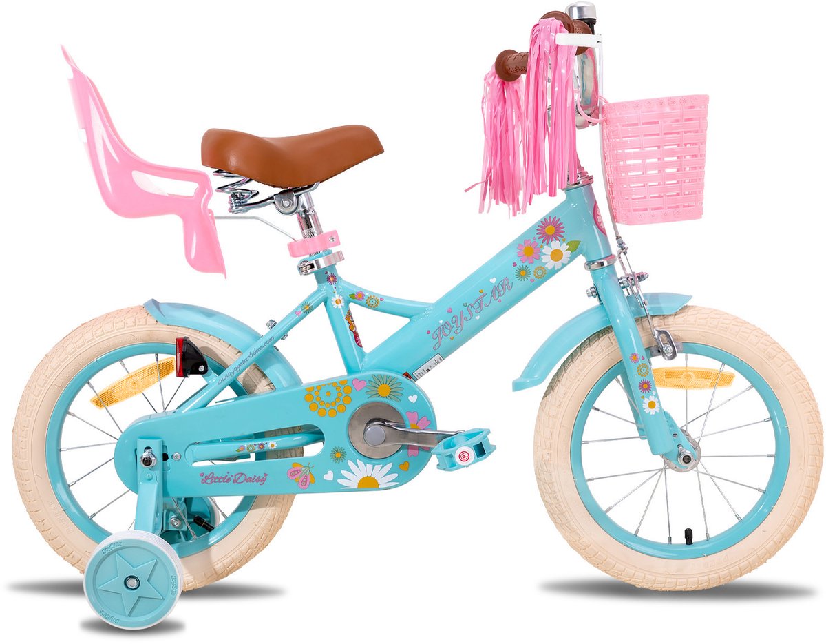 Joystar Little Daisy Meisjesfiets - 16 Inch - Mandje - Poppenzitje - Zijwieltjes - Bel - Handrem - Blauw - Geschikt voor buitenactiviteiten in de lente