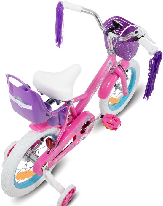 Joystar Little Daisy Meisjesfiets - 12 Inch - Mandje - Poppenzitje - Zijwieltjes - Bel - Handrem - Fuchsia van JOYSTAR — afbeelding 3