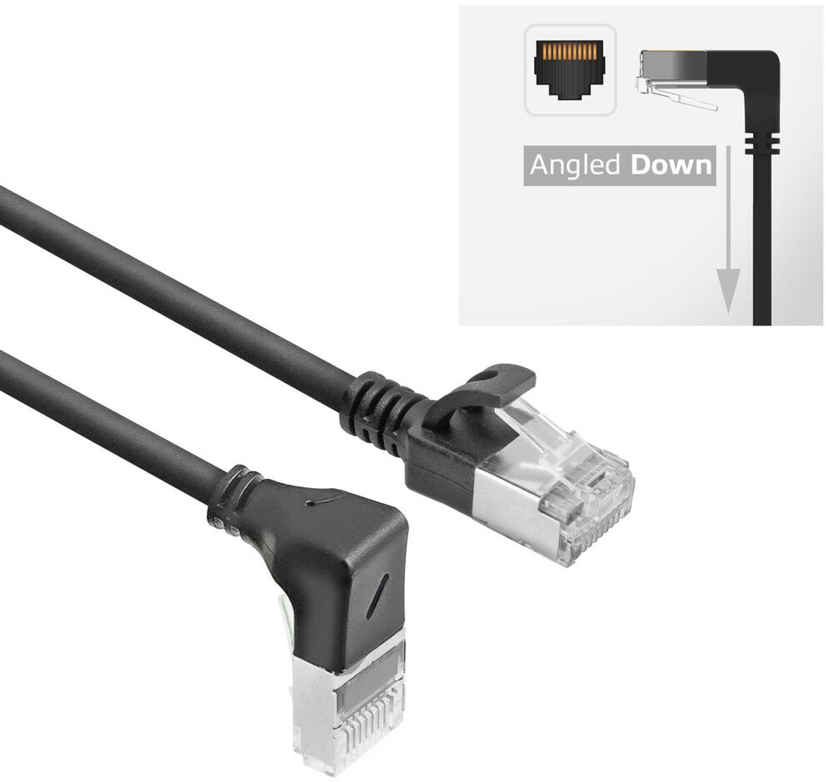 ACT Zwarte 0,25 meter U/FTP CAT6A LSZH Slimline patchkabel met RJ45 connectoren recht naar 90° haaks rechts DA3952