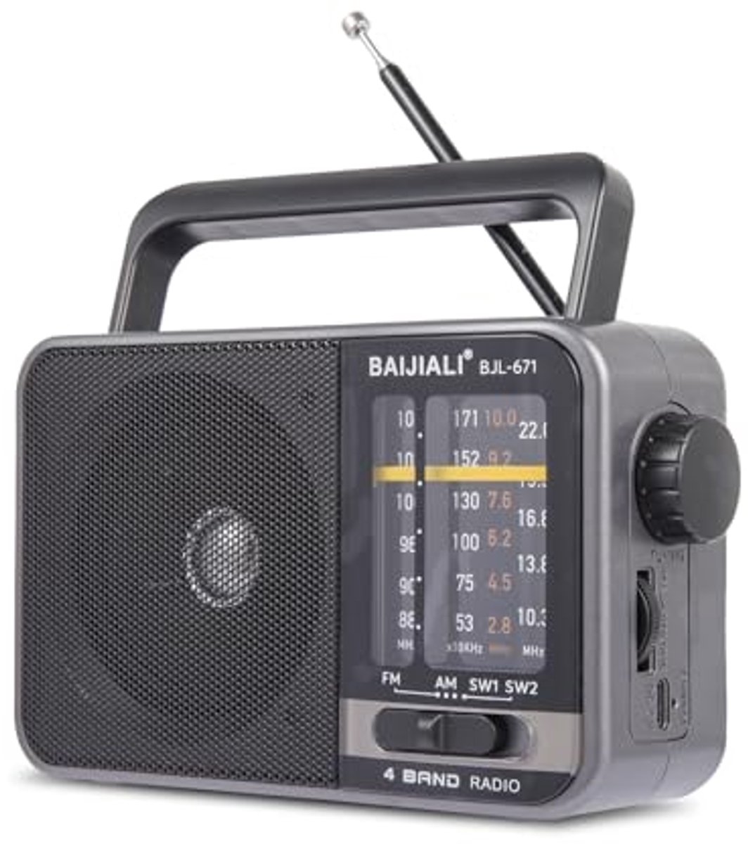 Draagbare AM/FM-transistor radio met sterke luidspreker en USB-batterijvoeding voor noodsituaties