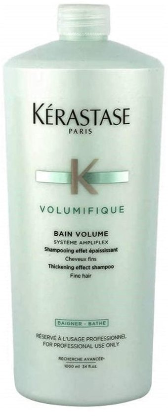 Shampoing Kérastase Bain Volume, flacon 1000 ml, avec logo K, pour cheveux fins.