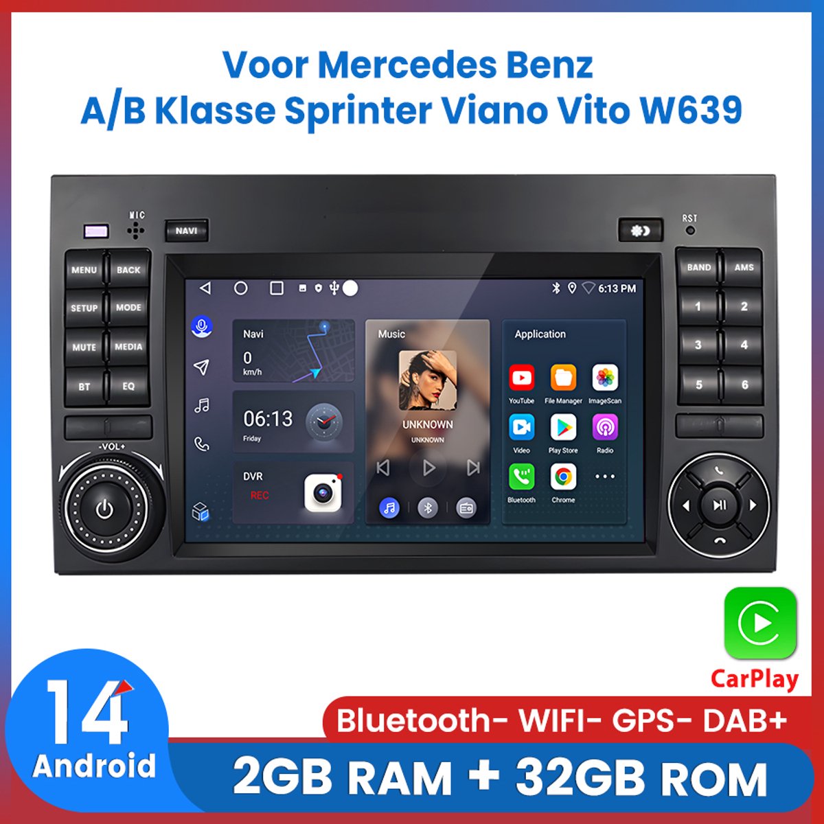Awesafe 7” Android 14 Autoradio - Met navigatie GPS - Geschikt Voor Mercedes Benz A/B Klasse Sprinter Viano Vito W639 - RAM 2GB + ROM 64GB - Apple Carplay & Android auto - Radio scherm - Bluetooth WIFI