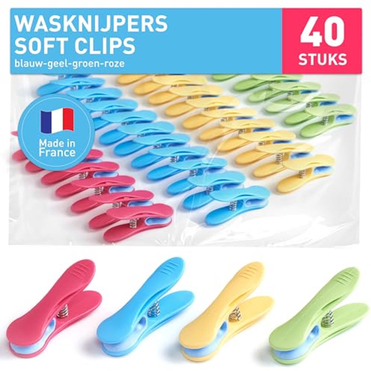 Zachte wasknijpers set van 40 stuks in blauw, geel, groen en roze