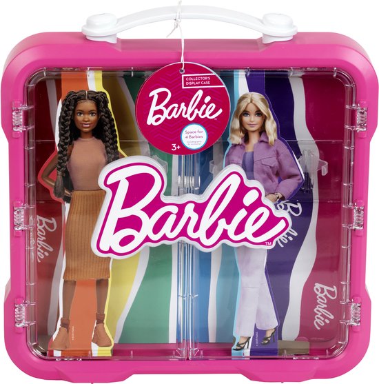 Roze Barbie koffer met twee poppen en een "Barbie" logo, met een "Collector's Display Case" label.