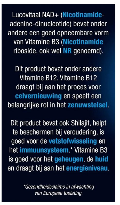 Lucovitaal NAD+ productinformatie over ingrediënten en voordelen voor celvernieuwing, vitaliteit, geheugen, huid en energieniveau.