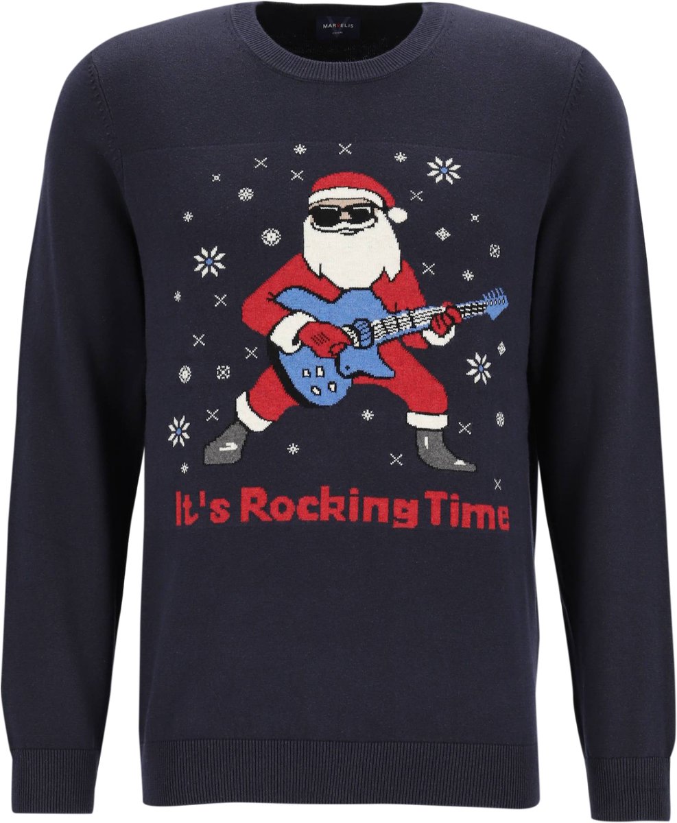 MARVELIS modern fit Kersttrui katoen - O-hals - marine blauw