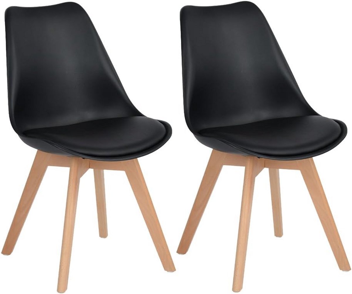 EGGREE Set van 2 lunch bureaustoelen met poten van massief eikenhout - stoelen zonder armleuningen gestoffeerd design - Zwart