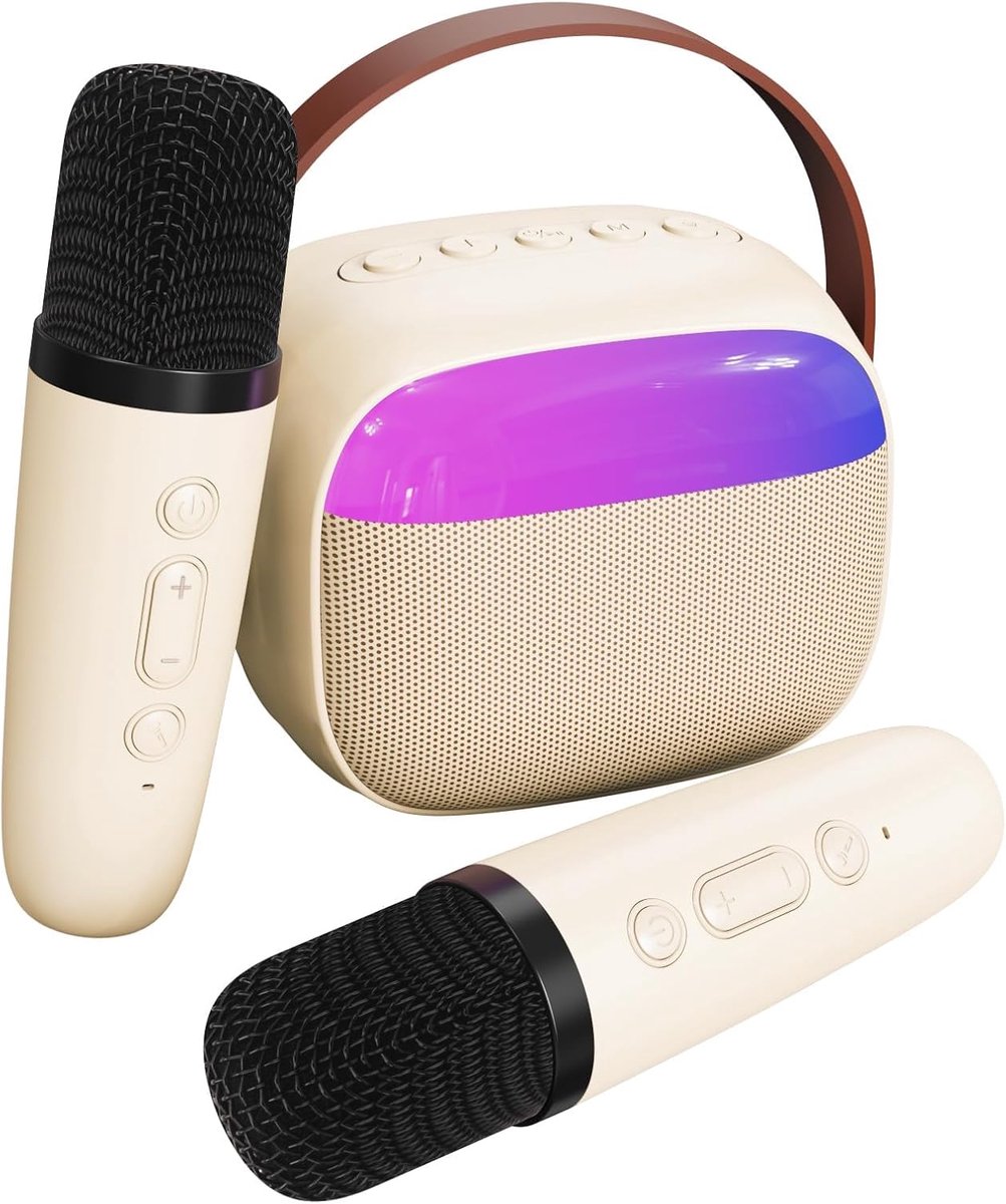 Mini karaokemachine voor kinderen, draagbare Bluetooth-luidspreker met 2 draadloze microfoons en dynamische lichten voor kinderen en volwassenen, kerstcadeaus voor jongens en meisjes (beige)