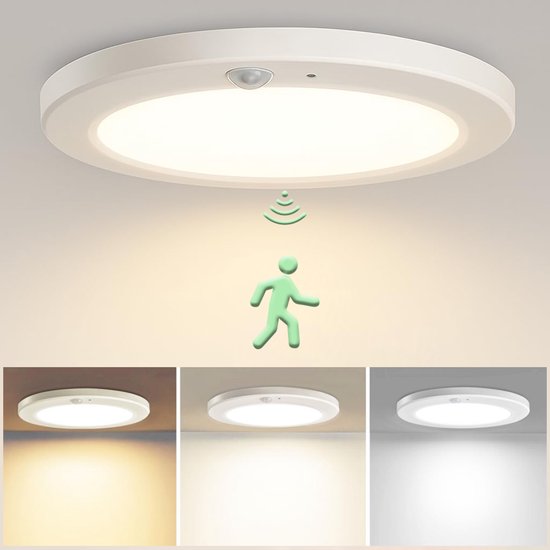 Wit, rond LED-plafondlicht met bewegingssensor, drie helderheidsmodi.