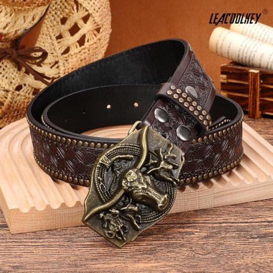 AUNGKWANG Western leren gesp riem voor mannen vrouwen, westernriem leer cowboy riem, middeleeuws kostuumaccessoires, Halloween-decoratie, verjaardagscadeau, kerstcadeau, E, 120 cm