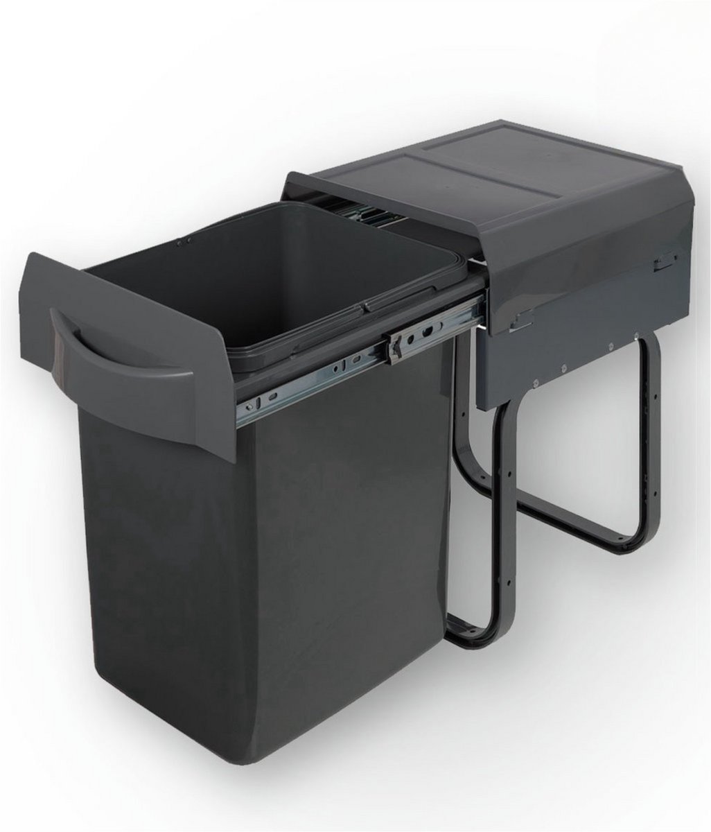 Eleganca Afvalbak 20 Liter – Inbouw Prullenbak – Uittrekbare afvalemmer - Afvalbak afvalscheiding – Bodemmontage - Geschikt vanaf deurbreedte 27 cm inbouwdiepte 38 cm & Kasthoogte 42 cm – Antraciet