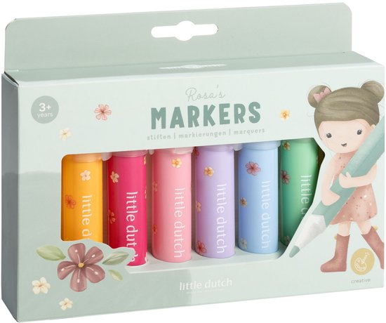 Doos met 8 Little Dutch markers, 'Rosa's Markers', stift, markeringen, marqueurs, 3+ jaar, met een tekening van een meisje met een grote stift.