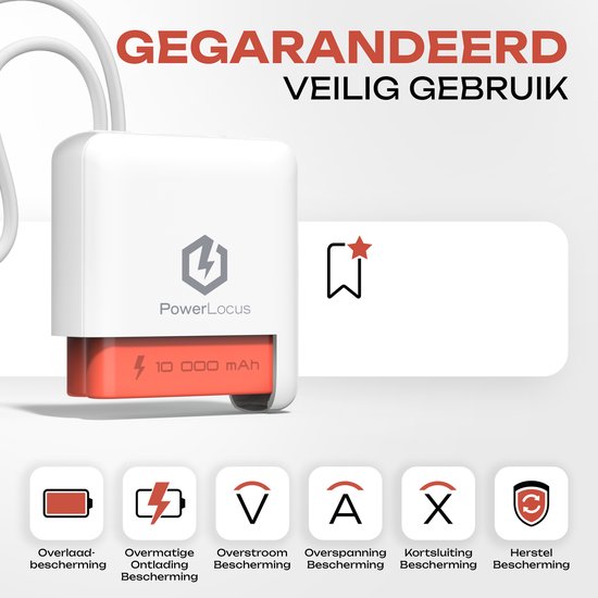 Witte PowerLocus powerbank met oranje accenten en veiligheidssymbolen.
