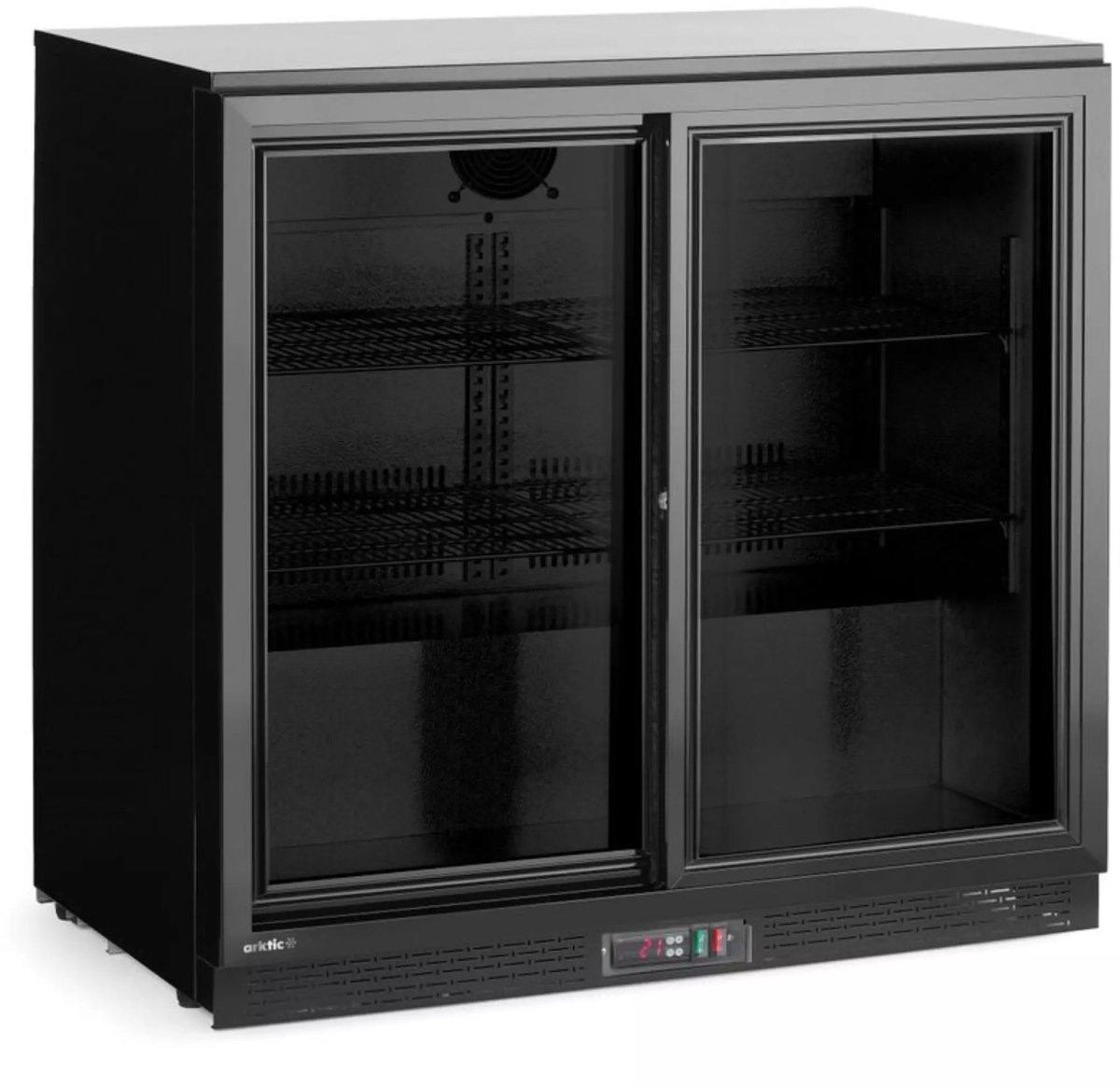 HENDI Achterbar koelkast - staal met poedercoating en gehard glas - dubbelglas schuifdeuren, slot en geventileerde koeling - 90x52x87 cm - zwart - 158 liter - horeca