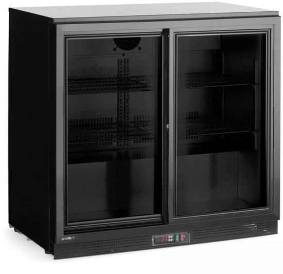 HENDI Achterbar koelkast - staal met poedercoating en gehard glas - dubbelglas schuifdeuren, slot en geventileerde koeling - 90x52x87 cm - zwart - 158 liter - horeca