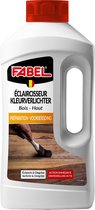 Fabel kleurverlichter voor hout. Wit met rode dop. De fles toont een hand die hout schildert, met de tekst 'Kleurverlichter Hout'.