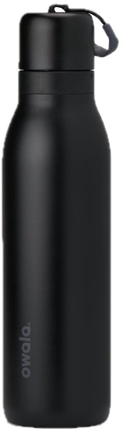 Zwarte Owala FreeSip Twist thermosfles met lus aan de dop.