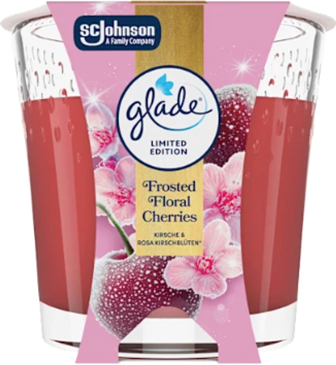 Kerst Geurkaars in Glas - Frosted Floral Cherries - Glade | 1x 112g - Wintergeur Kaars in Glas - Brandduur: tot 30 uur
