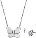 Zilverkleurig collier met vlinderhanger en bijpassende oorbellen, beiden bezet met steentjes.