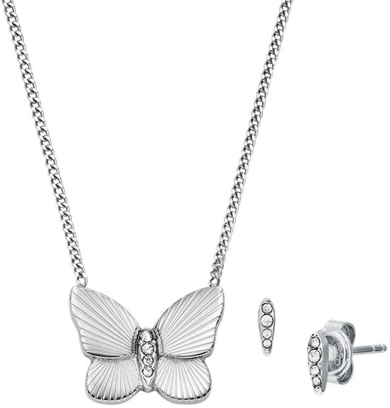 Zilverkleurig collier met vlinderhanger en bijpassende oorbellen, beiden bezet met steentjes.