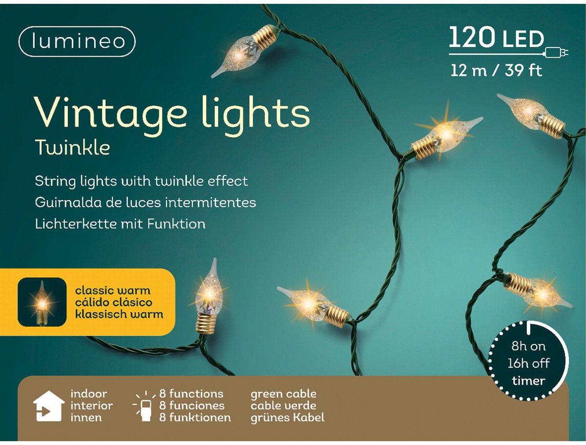 Lumineo Vintage kerstverlichting – 120 led lampjes - klassiek warm wit – 11,9 meter – kunststof – Lichtsnoer - Sfeerverlichting, kerstlampjes