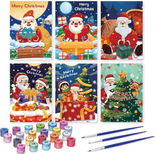 Zes voorbeelden van kerstkaarten om in te kleuren, met illustraties van de kerstman, kerstbomen en cadeaus, plus verf en penselen.