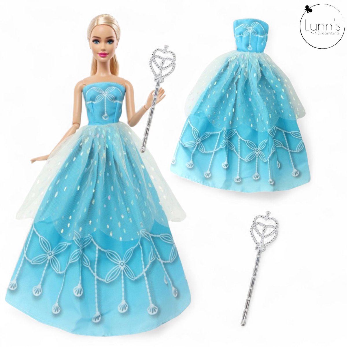 Lynn’s poppenkleertjes - Set ‘Callie’ - Geschikt voor (curvy) modepop - Set van 2 prinsessenjurken & 2 staffen - Wijde, luxe jurken - Cadeauzakje — afbeelding 3