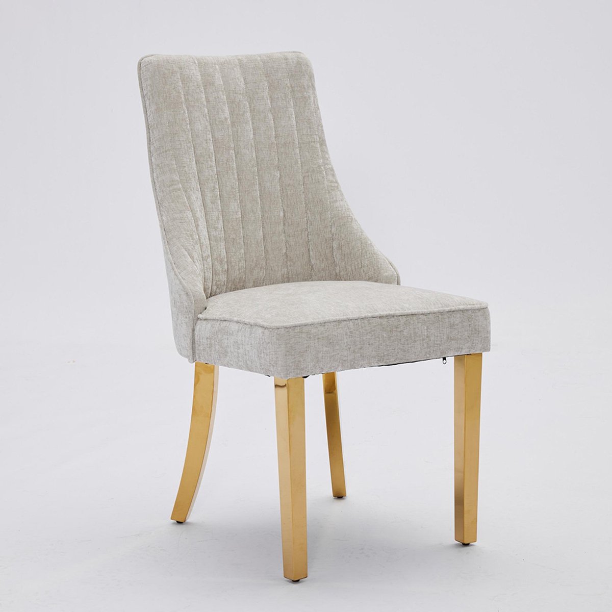 Pugsdrly Eetkamerstoelen van rayon met chenille-flock Channel-keukenstoel Comfortabele bijzetstoel van gestoffeerde stof voor de eetkamer met poten van verguld roestvrij staal, set van 2 (beige), DE1647BG