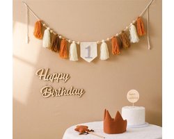 Feestpakket Verjaardag Kindje 1 jaar, 2 jaar, 3 jaar - Aardetinten en Hout - Verjaardagskroon - Verjaardagsslinger met Tassels - Toverstafje - Happy Birthday Houten Bord - Taarttopper