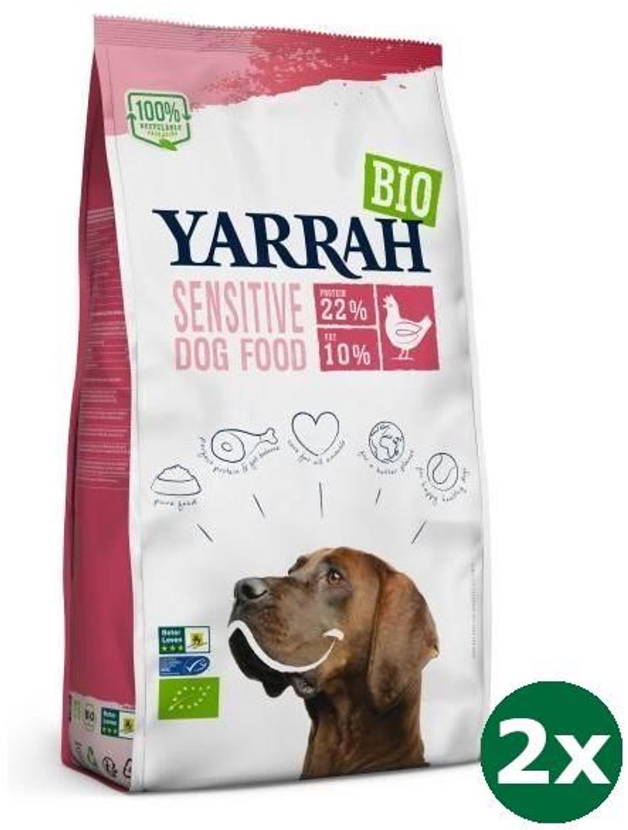 Yarrah 2x10 kg Yarrah dog biologische brokken sensitive kip zonder toegevoegde suiker hondenvoer NL-BIO-01