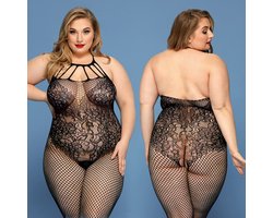LekkerStout Plus Size Bodystocking - Zwart - Sexy Lingerie - Halter Visnet met Open Kruis - One Size XL-2XL | LS023