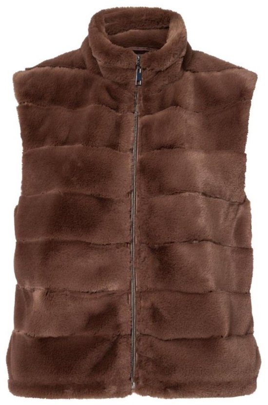 Bruine nepbont bodywarmer met horizontale banen, hoge kraag en ritssluiting.