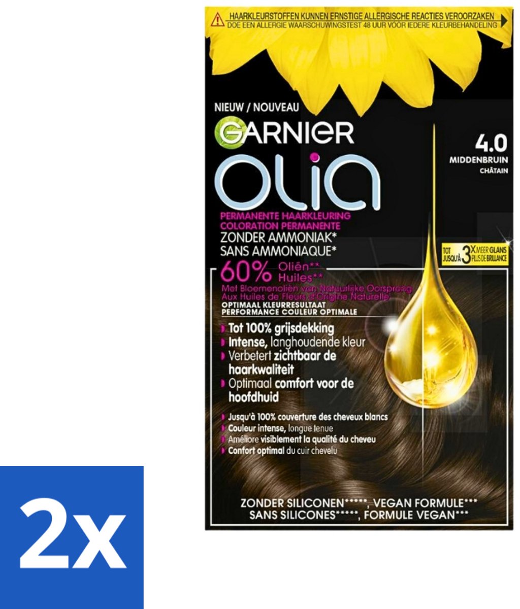2 x Garnier - Olia 4 - Haarkleuring - Middenbruin - Zonder Ammoniak - 60% Olie - Permanente Kleur - Permanente Haarkleuring - Haarkleur - Garnier Olia - Haarkleuring Zonder Ammoniak - Oliën In Haarkleuring