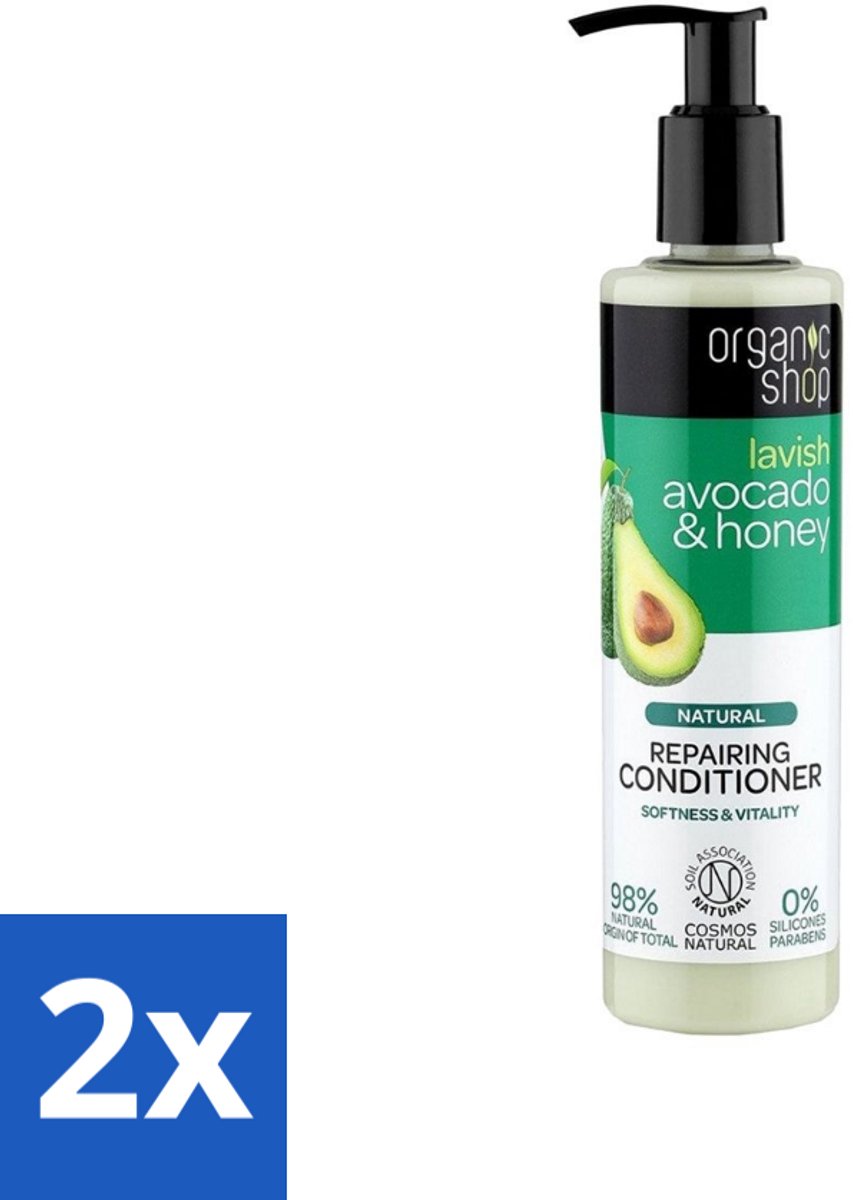 2 x Organic Shop - Natural Repairing Conditioner - Avocado & Honey - 280 ml - Herstellende Conditioner - Avocado Conditioner - Honing Conditioner - Droog Haar - Beschadigd Haar