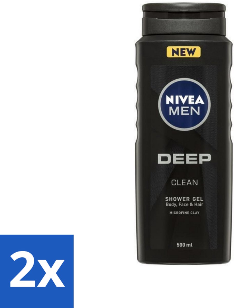 2 x NIVEA MEN - Douchegel - Deep Clean 3-in-1 - 500 ml - Diepe Reiniging - Microklei - Douchegel - Lichaam Reinigen - Gezicht Reinigen