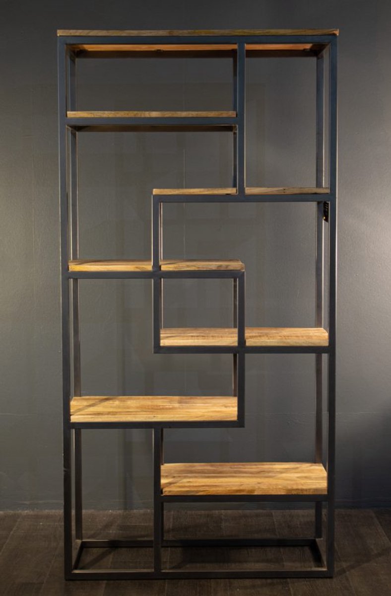Industrieel Wandkast – 150×210×40 cm – Mangohout & Zwart Metaal – Open Vakken