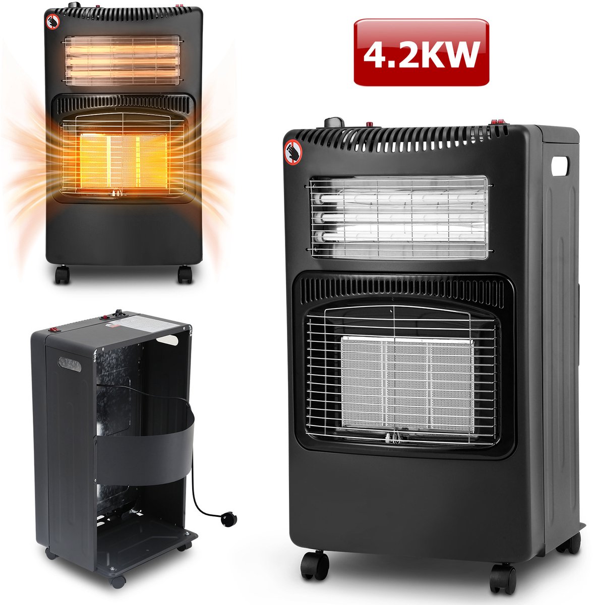MONZANA® Mobiele Gaskachel 4200W 3 Warmteniveaus Keramisch Incl. Gasslang Gasdrukregelaar ODS Heater Verwarming Zwart
