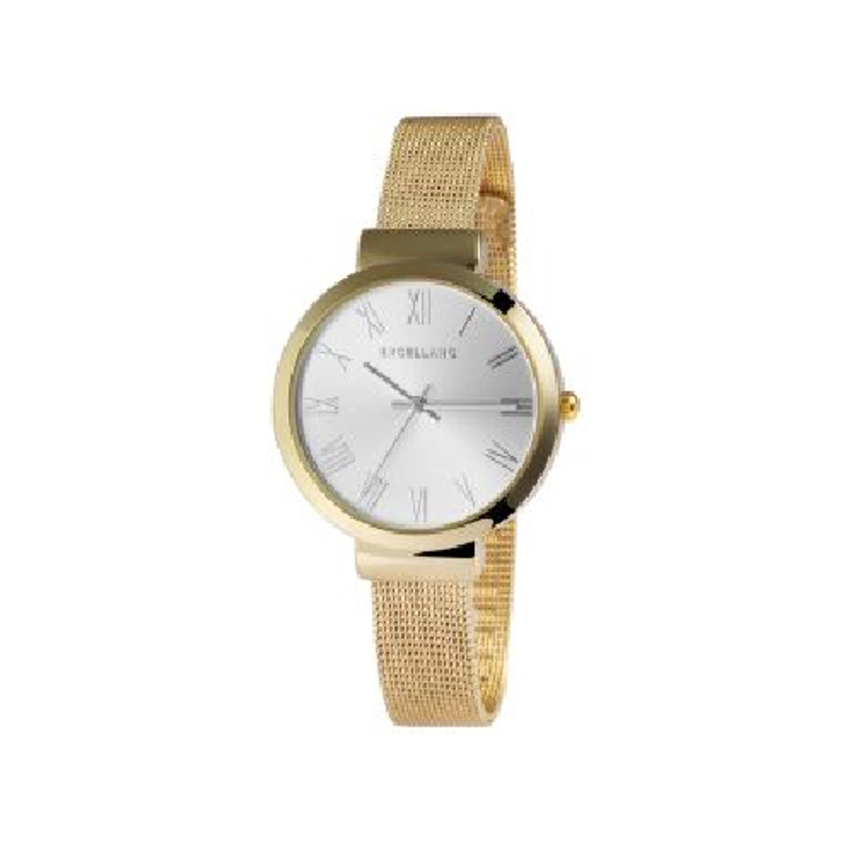 Exellanc-dameshorloge-goudkleurig-romeinse cijfers-Milanese band-mesh-3 atm-diameter 34 mm model 1300036-005-verstelbare band