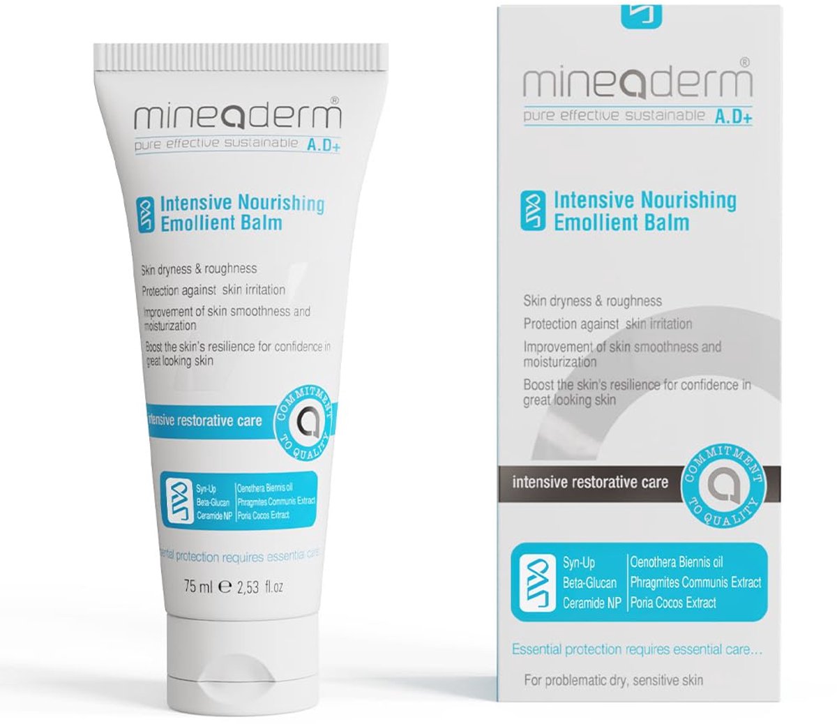 Mineaderm A.D+ Intensive Care Emollient Balm – Rich balm for dry and atopic skin with beta-glucan, bisabolol and ceramides – Soothing and moisturizing – 75 ml