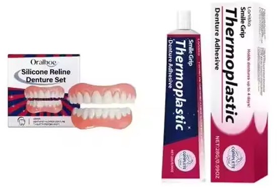 Lorisko Smile Grip Thermoplastic kunstgebitthese in verpakking, met losse kunstgebitthesetanden.