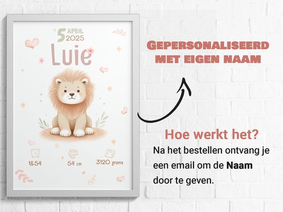 Affiche Bébé / naissance - Lion - Personnalisée avec naam et détails de naissance - 61 x 91 cm - Affiches Bébé