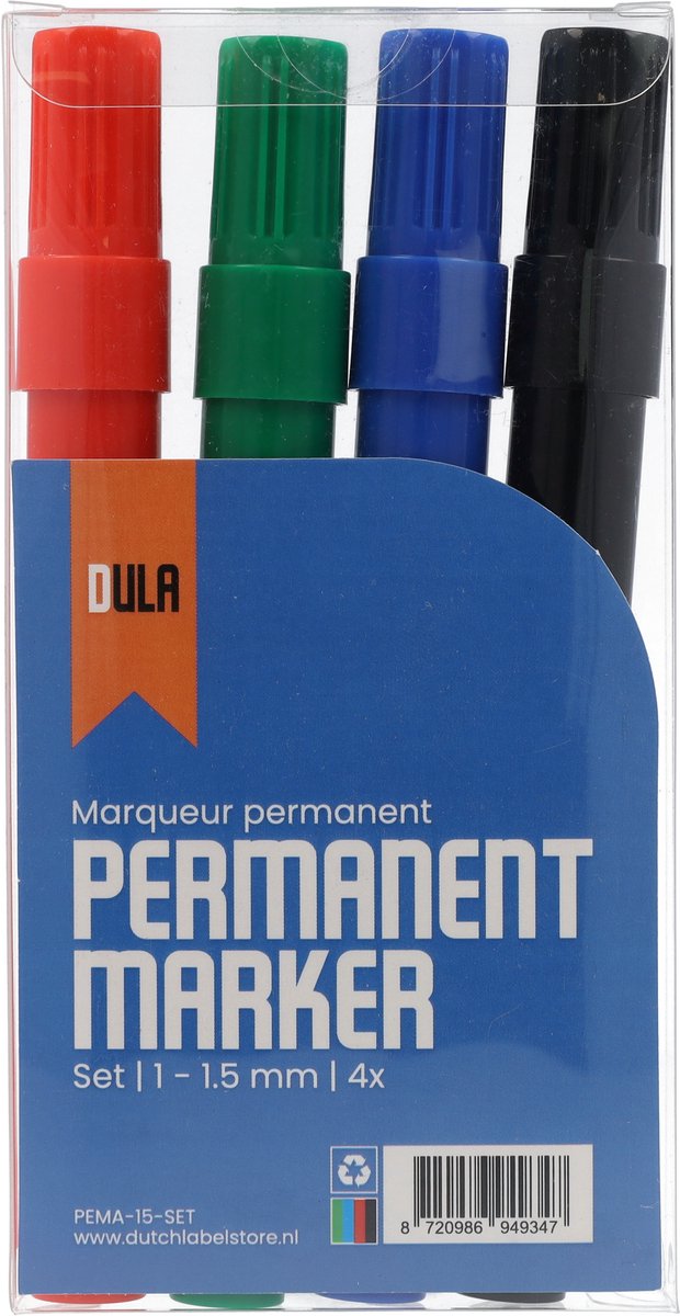 Permanent marker - Permanente stift - 1 - 1.5 mm ronde punt markers - 4 kleuren stiften permanent - Rood-groen-blauw-zwart - DULA