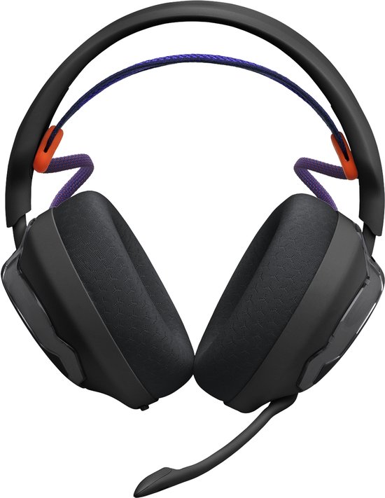 Zwarte gaming headset met microfoon, verstelbare hoofdband en paarse koorddetails.