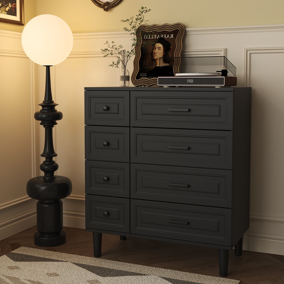 HOMAVO Ladekast DG3 – 8 Lades – 75x87x40 cm – Staand Dressoir – Mat Wit / Zwart / Walnoot – Modern Design
