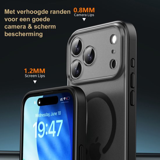 IYUPP Hoesje Geschikt voor iPhone 17 Hoesje - Geschikt voor MagSafe - Shockproof Back Cover - Mat Zwart Transparant