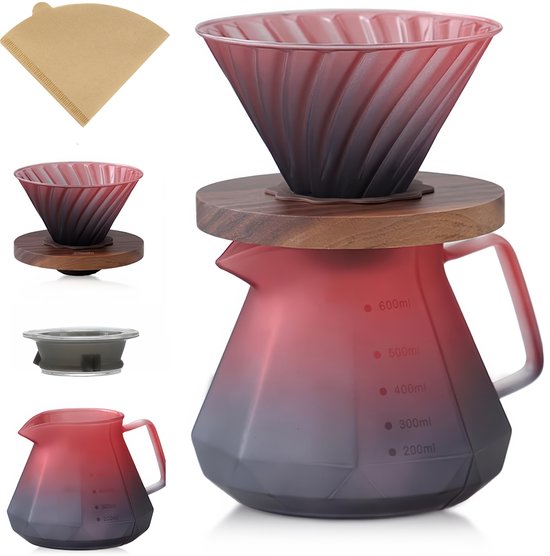 Borosilicaatglas Koffiepot met Deksel, Pour Over Koffiefilterhouder & 40 Koffiefilters - 600 ML - Slow Coffee Maker Kit - V60 Cafetière - Koffiekan - Dripper Koffiemaker - Handmatig Filterkoffie Koffiezetapparaat met Herbruikbaar Koffie Filter Houder