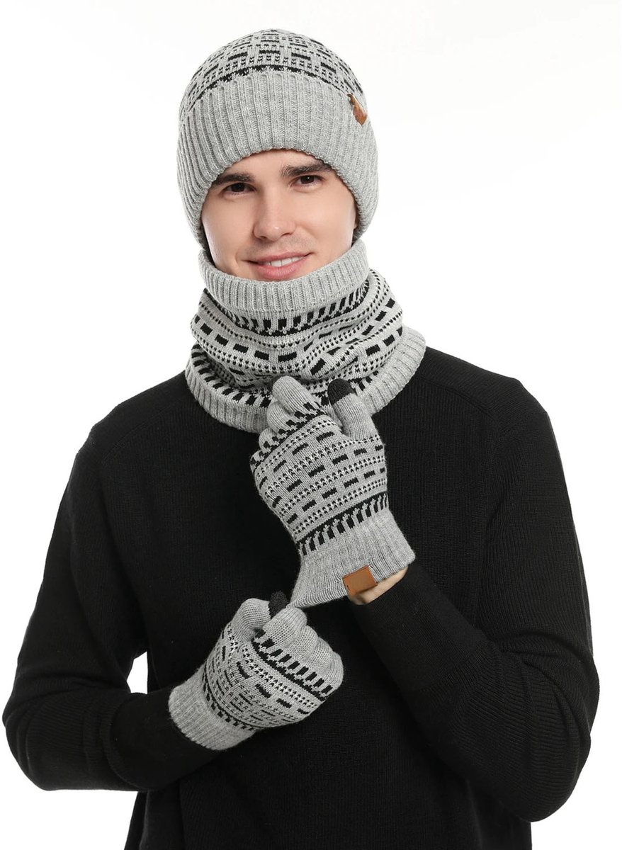 Warme Winterset Heren & Dames – Gebreide Muts, Sjaal en Handschoenen met Fleecevoering – Unisex Beanie Set met Telefingers, Winteraccessoires, Thermo Kleding voor Buiten
